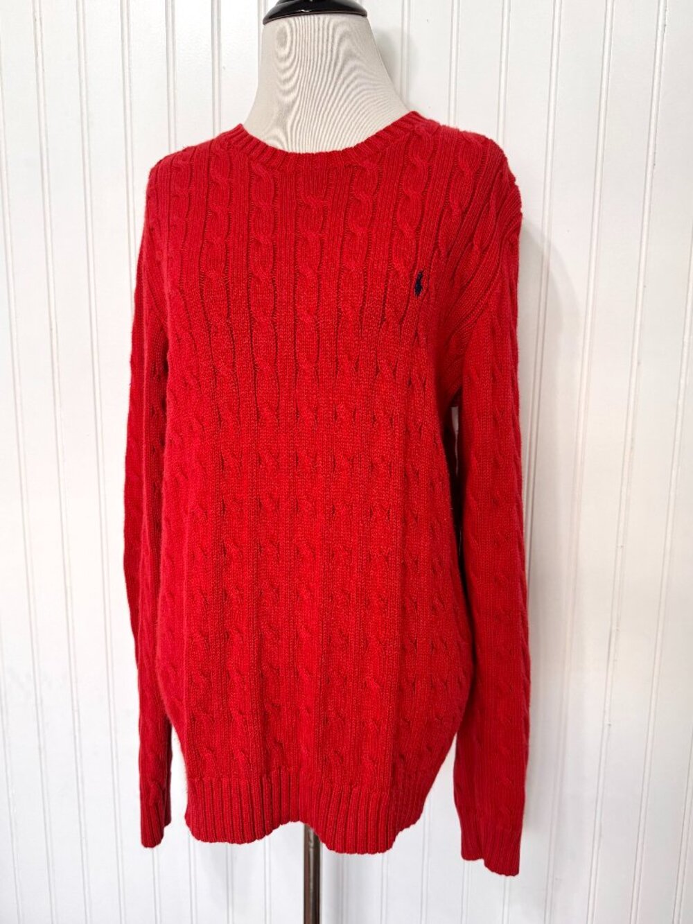 Ralph Lauren Red Cable-Knit Cotton Crewneck Sweater Navy Blue Pony Embroidery
